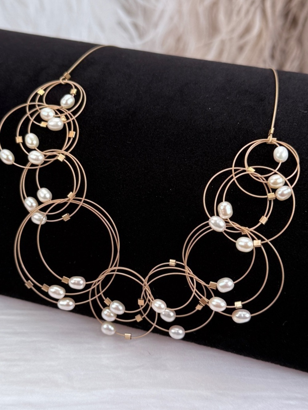 Artisan Freshwater Pearl Gold Tone Wire Circle Statement Necklace Modern Minimal
